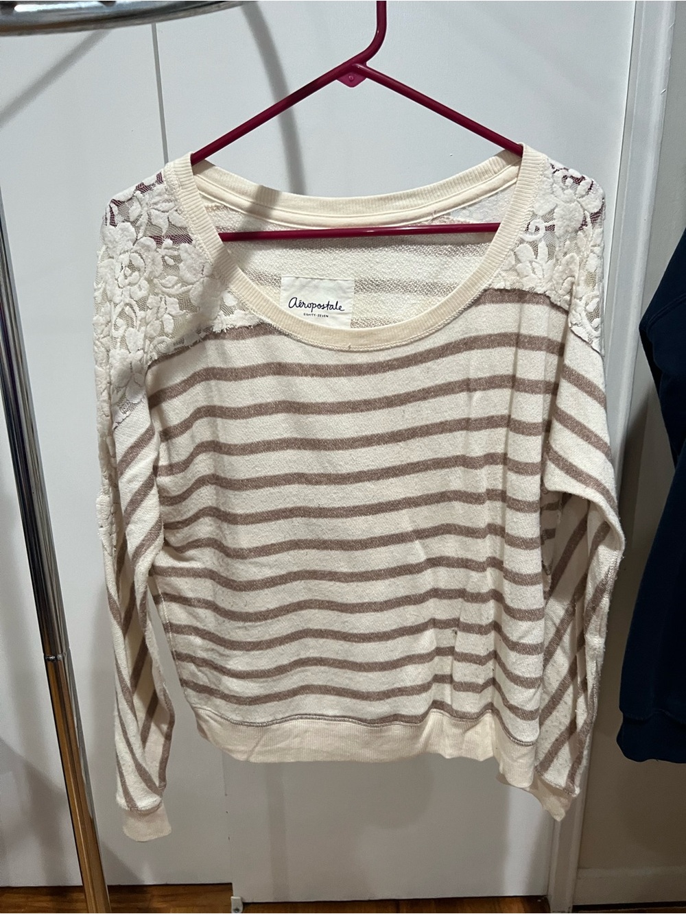 Aeropostale Cream & Taupe Striped Lace-Shoulder Pullover